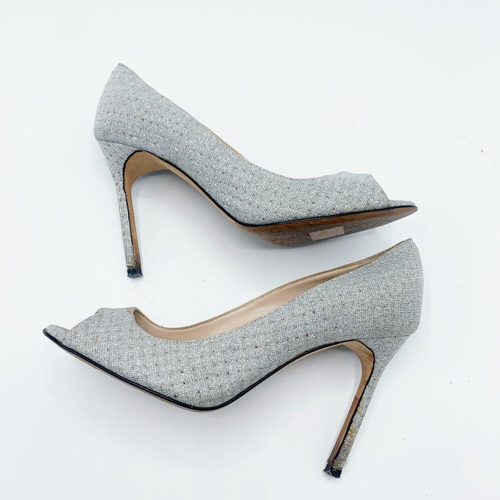 Manolo Blahnik Sparkly Silver Open Toe Heels - image 8